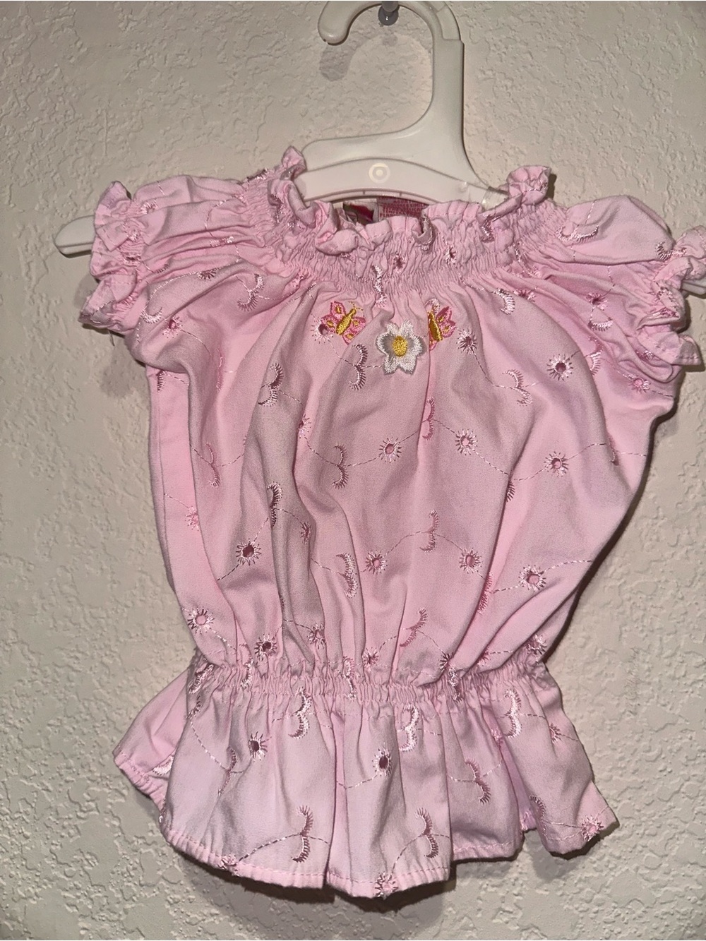 Y2K Pink Eyelet Smocked Peplum Top with Floral and butterfly Embroidery 12M